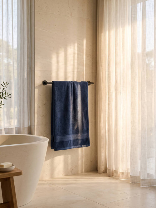 Navy Blue Cotton Bath Towel with Chevron Border