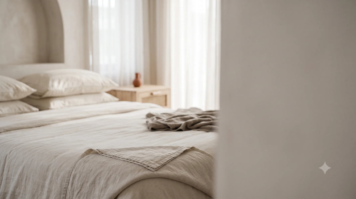 Linen-dressed bed in soft daylight, sheer curtains behind