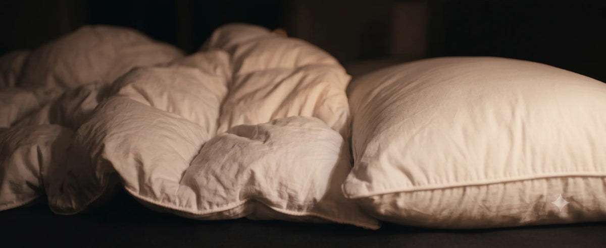 Goose down quilt and pillow in warm lamplight