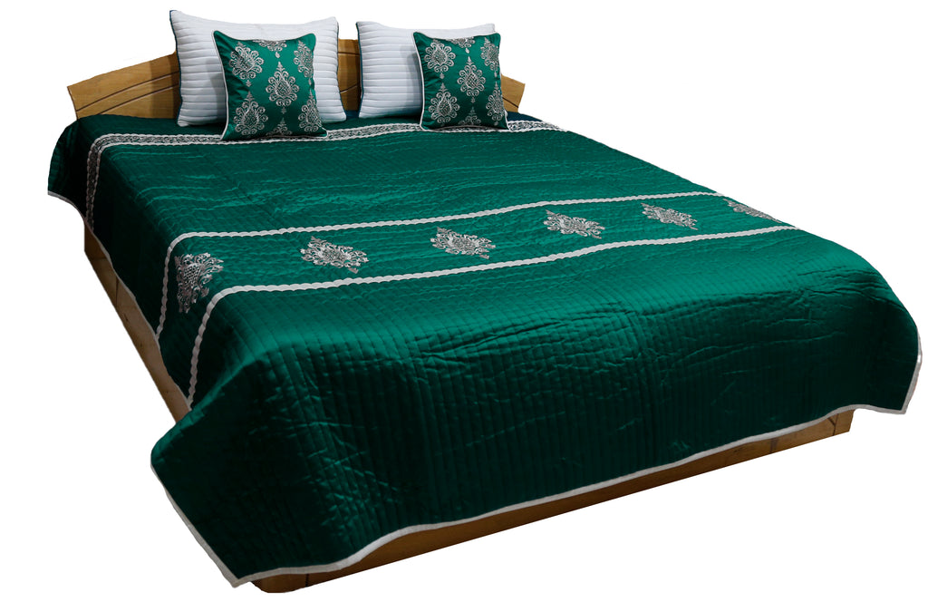 Sequence Embroidery PolySilk Quilted BedCover Set-(1 bedcover+ 2 Pillow Covers + 2 Cushion Covers) - Jagdish Store Online Since 1965