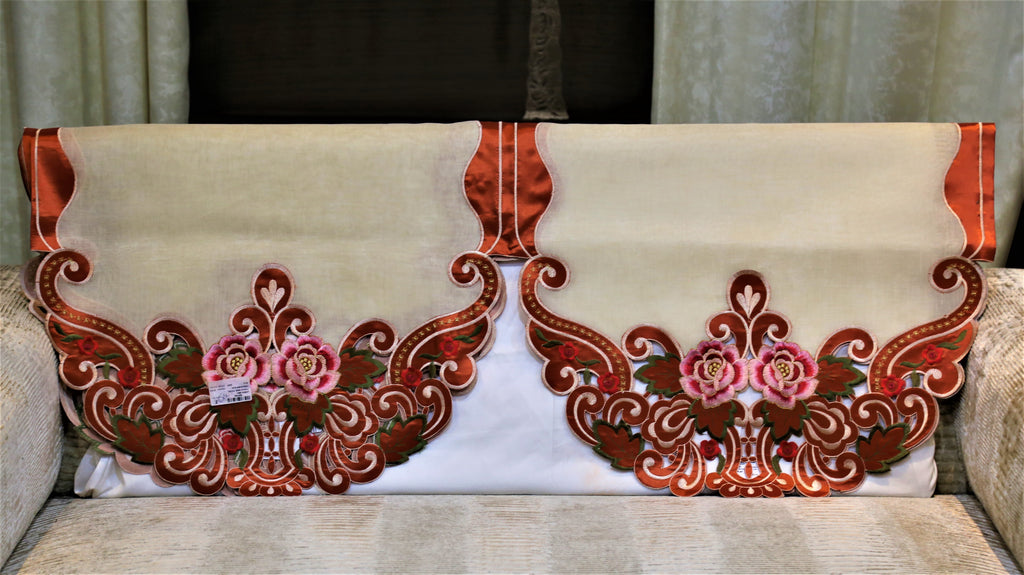 (Cream/Rust)Sofa Back Cut Work Design -Tissue(57.5x62.5 Cm) - Jagdish Store Online Since 1965