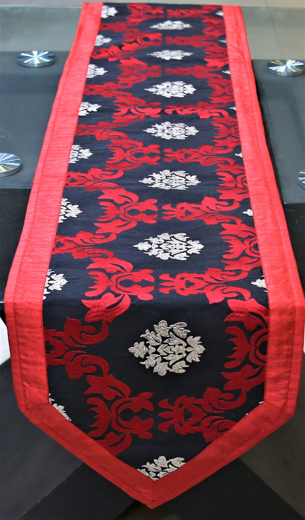 Embroidery(13 X 72 Inch) Table Runner(Red/Black)-Dupion Silk - Jagdish Store Online Since 1965