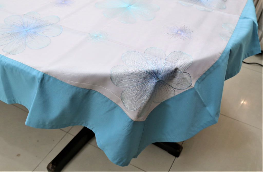 Embroidery(60x108 Inch)Table Cover(S.Blue/White)-Sheer/Polyester - Jagdish Store Online Since 1965