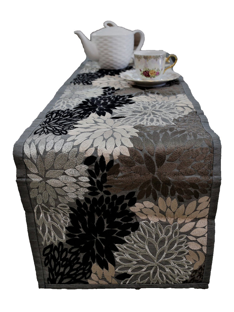 Embroidery Table Runner(Silver)-Dupion Silk - Jagdish Store Online Since 1965