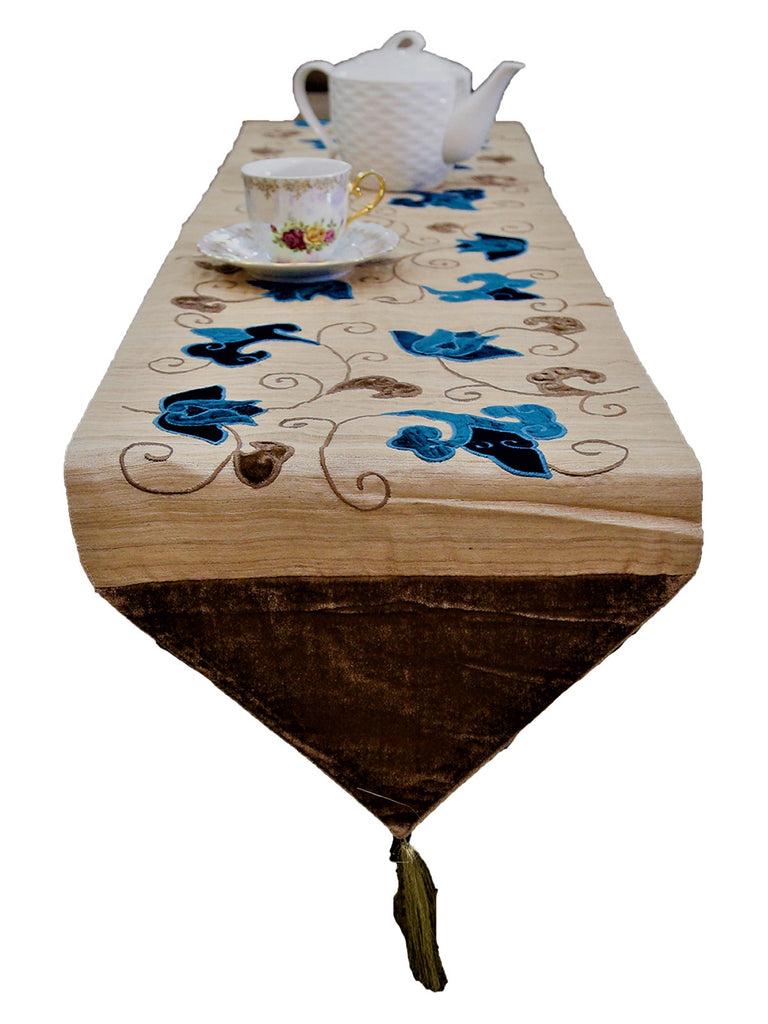 Patch Work (13 X 108 Inch) Table Runner(Beige/Blue)-Khadi Silk/Velvet - Jagdish Store Online Since 1965