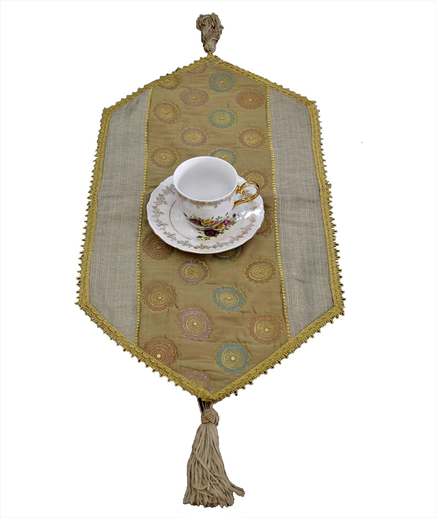 Embroidery with Tussle (13 X 26 Inch) Table Runner(Green)-Poly Silk - Jagdish Store Online Since 1965