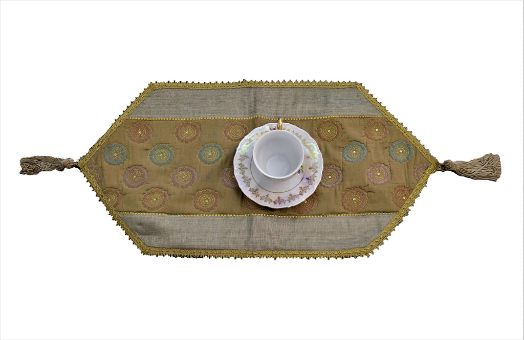 Embroidery with Tussle (13 X 26 Inch) Table Runner(Green)-Poly Silk - Jagdish Store Online Since 1965