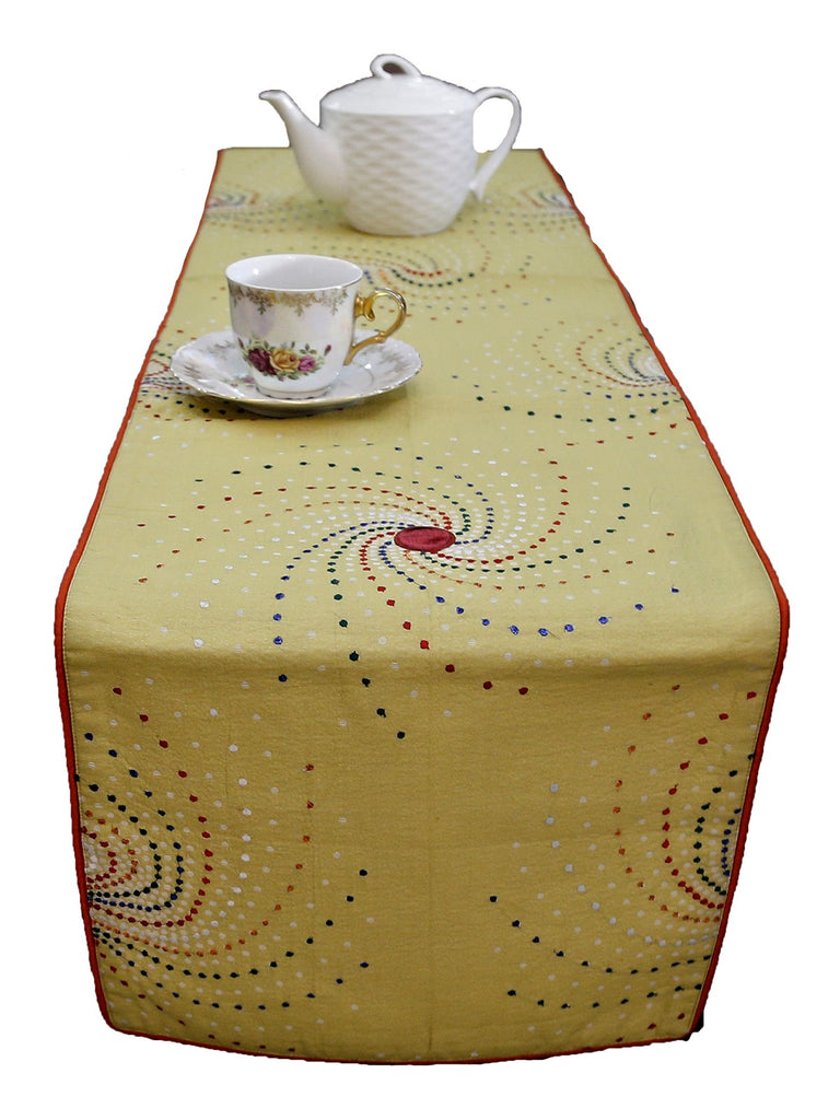 Swirl Design Table Runner(Orange/P.Green)-Dupion Silk - Jagdish Store Online Since 1965