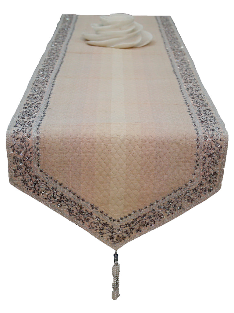 Sequence + Zari Work(14 X 90 Inch) Table Runner(Beige)-Dupion Silk - Jagdish Store Online Since 1965