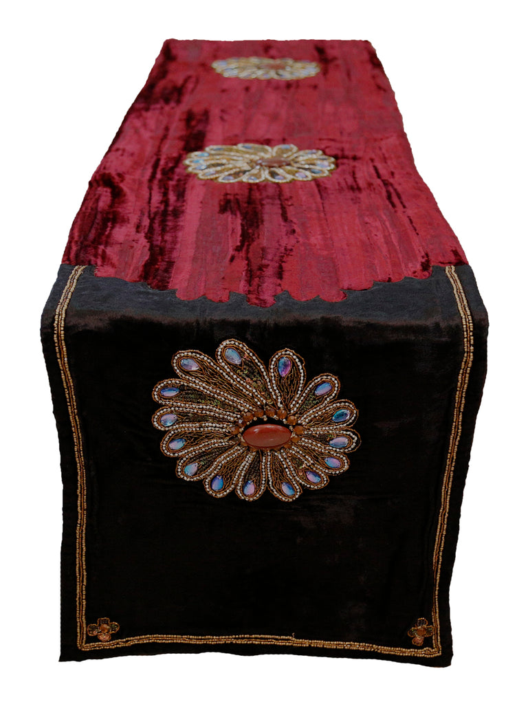 Zardozi Work (13 X 90 Inch) Table Runner(Maroon/Black)-Velvet - Jagdish Store Online Since 1965