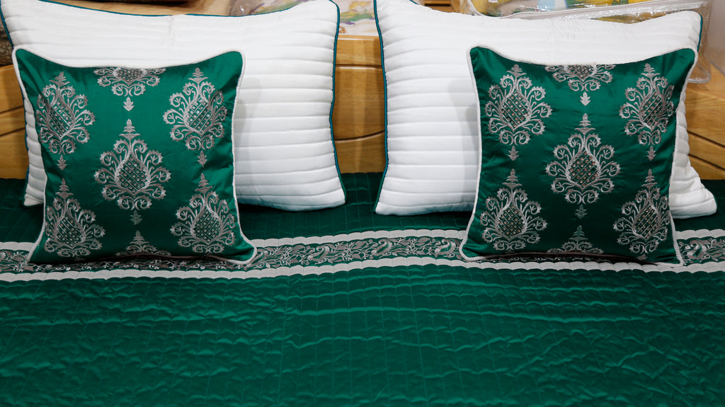 Sequence Embroidery PolySilk Quilted BedCover Set-(1 bedcover+ 2 Pillow Covers + 2 Cushion Covers) - Jagdish Store Online Since 1965