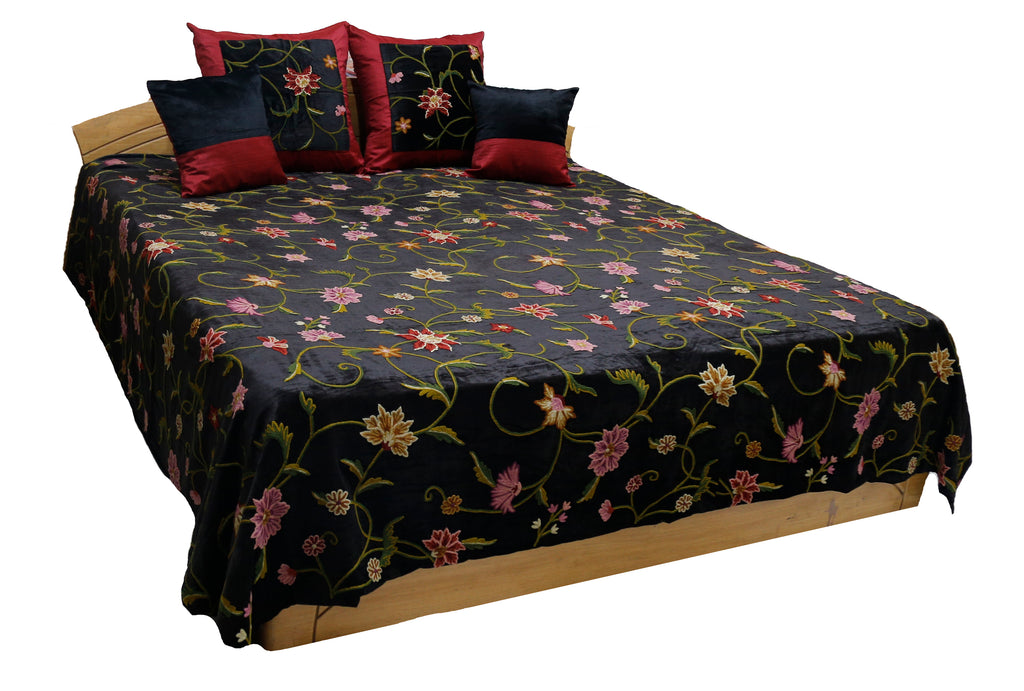 Kashmiri Embroidered Velvet BedCover Set-(1 bedcover+ 4 Cushion Covers) - Jagdish Store Online Since 1965