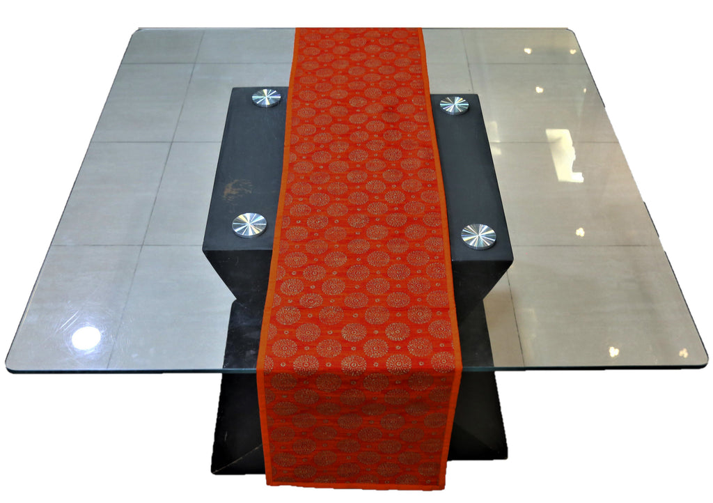Block Printed Table Runner(Orange)-Dupion Silk - Jagdish Store Online Since 1965