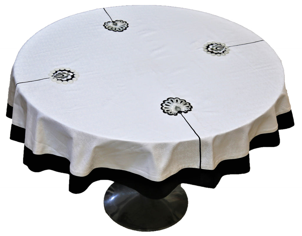 Motive Patch Embroidery (60 Inch) Round Table Cover(Cream-Black)-Polyester - Jagdish Store Online Since 1965