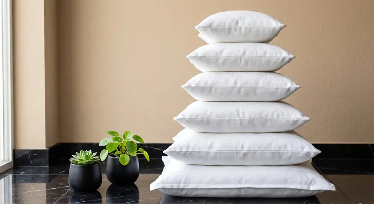 Six white cushion fillers stacked from largest to smallest