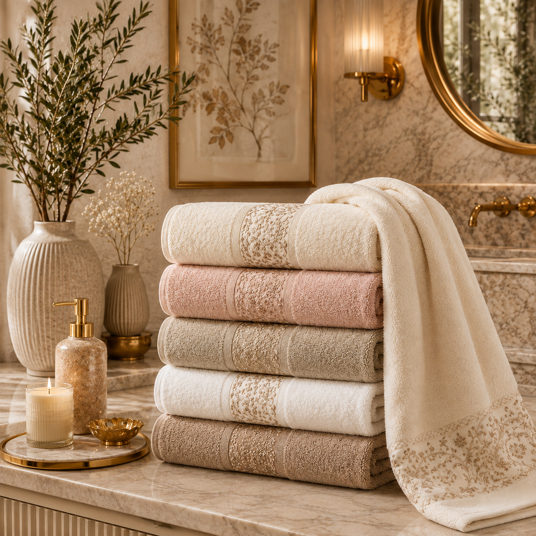 Luxury bath towels collection in elegant bathroom setting