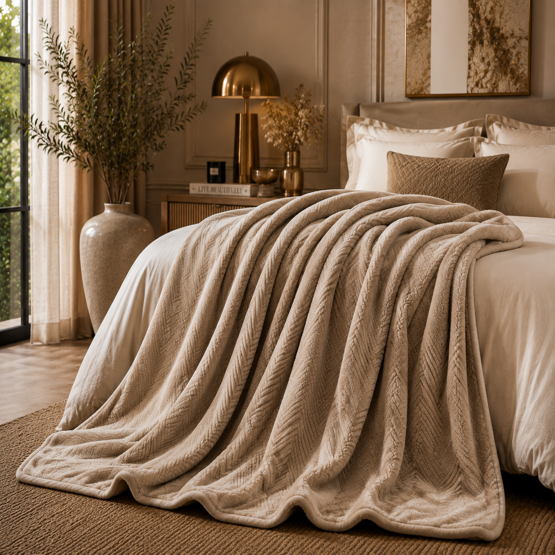 Luxury blankets collection in elegant bedroom setting