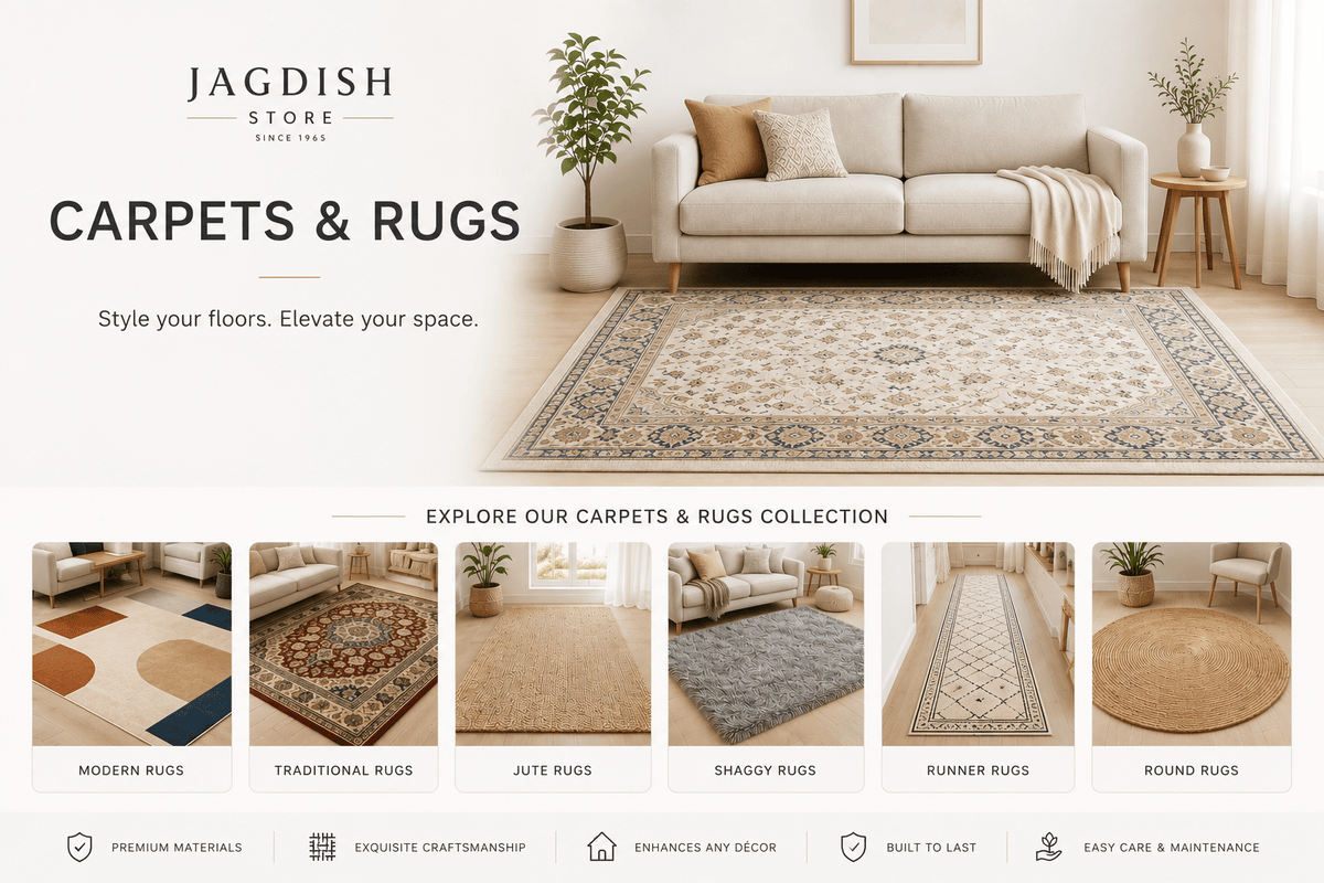 Minimalist carpets and rugs collection by Jagdish Store featuring elegant modern area rugs, traditional carpets, jute rugs, shaggy rugs, and runner rugs in a luxury contemporary living room with soft neutral interior décor.