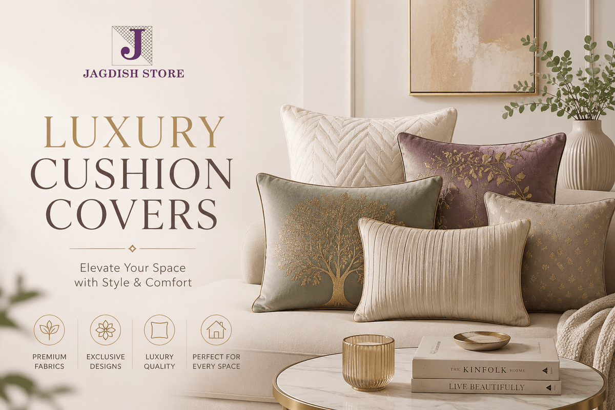 Luxury designer cushion covers for sofa and living room décor by Jagdish Store featuring premium velvet and embroidered decorative pillow covers in elegant modern interiors