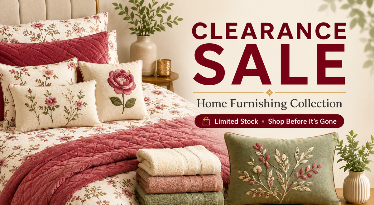 Clearance Sale Home Furnishing Collection with bedsheets, bedding sets, cushion covers, bedcovers, towels and home décor products at special prices