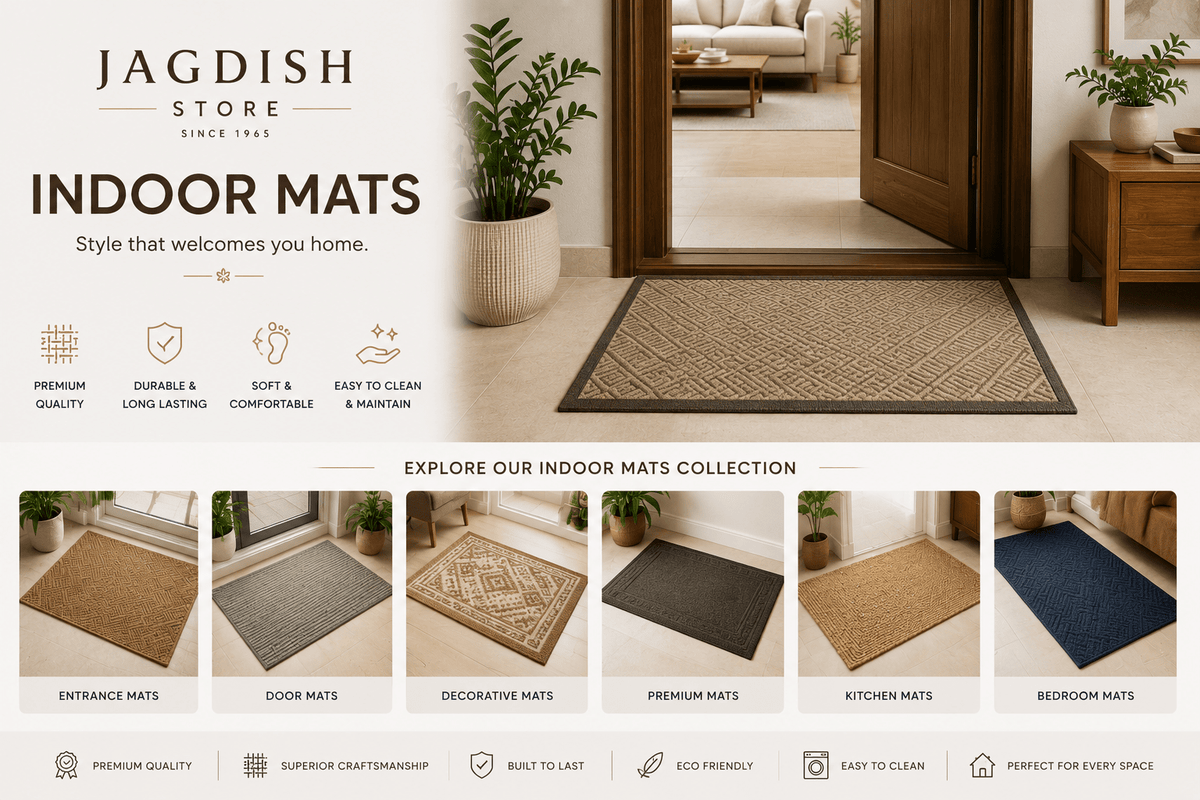 Premium indoor mats collection by Jagdish Store featuring stylish modern floor mats and decorative home entrance mats in elegant neutral tones with durable soft textures and contemporary interior décor styling.