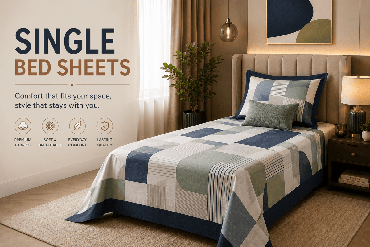 Luxury single bed sheets collection banner featuring modern geometric bedding design in elegant blue, sage green and neutral tones with contemporary bedroom interior styling.