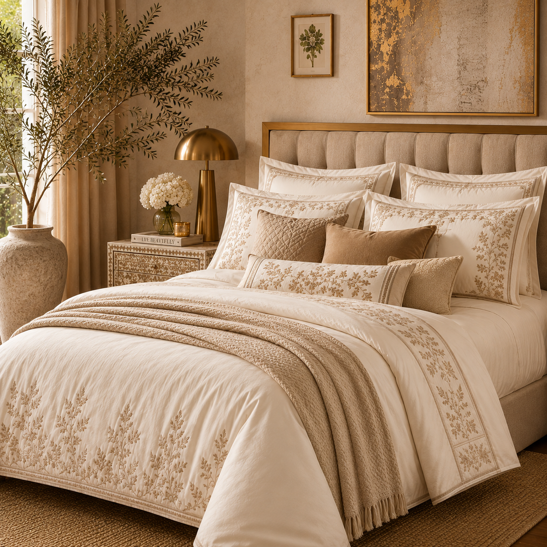 Luxury premium bedding set collection by Jagdish Store Online featuring elegant floral bedsheets, duvet cover, bedcover, pillow covers, and cushion covers in soft pink and beige tones with sophisticated modern bedroom décor.
