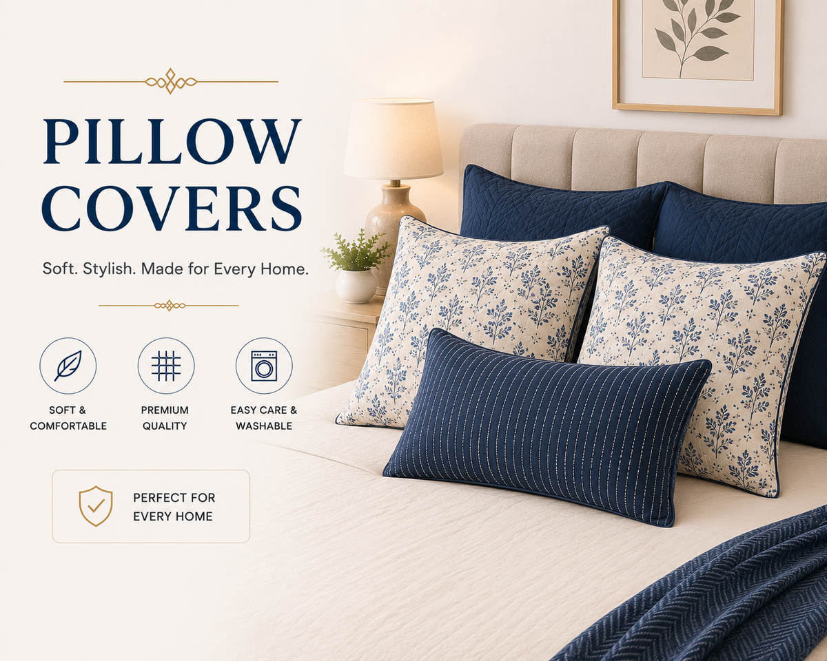 Cream cotton pillow covers with a fine self stripe, shown on a bed