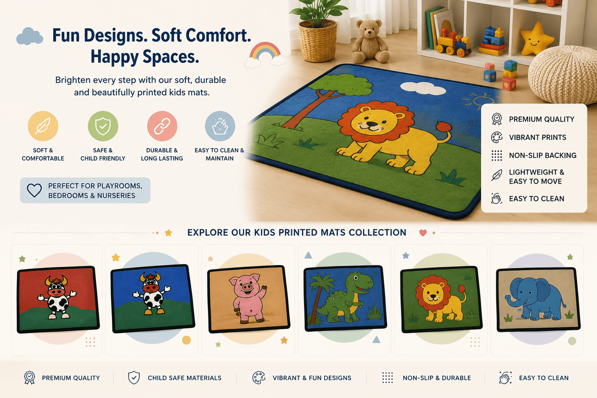 Colorful kids printed mats collection featuring cute cartoon animal designs including lion, elephant, dinosaur, pig, and cow play mats with soft child-friendly material, vibrant nursery décor, and playful bedroom styling.