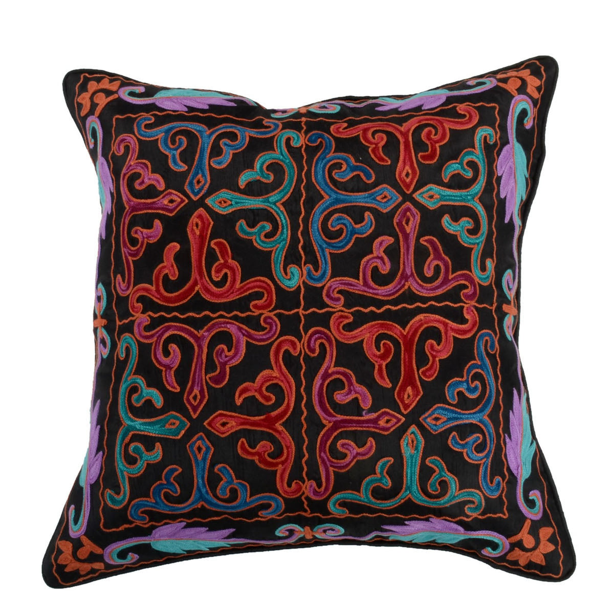 Multicolor embroidered polyester cushion cover black base 16x16 inch