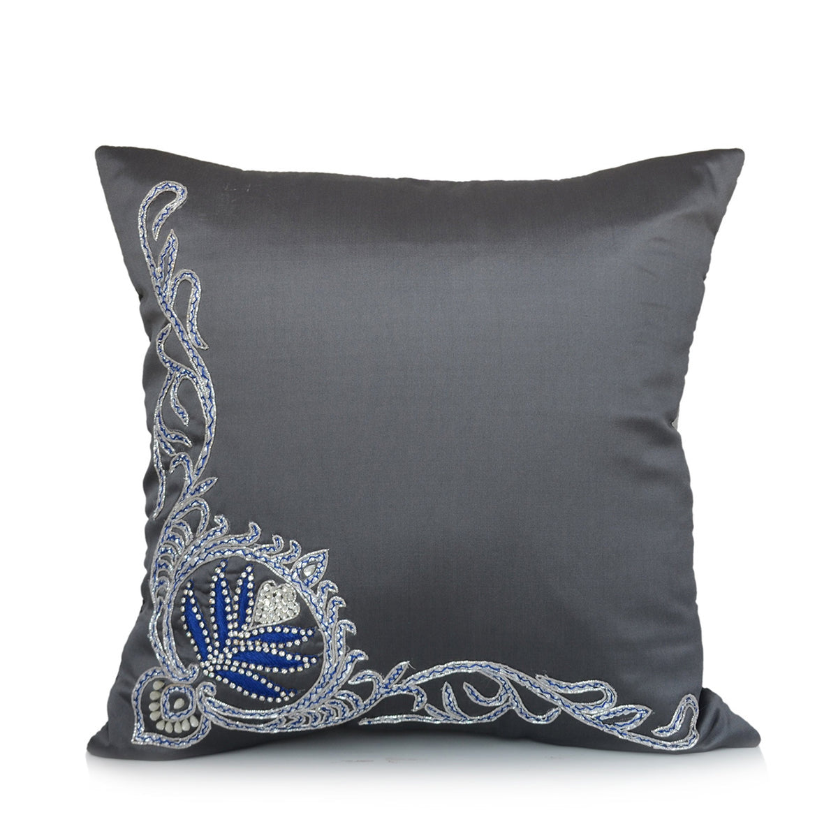 Charcoal grey satin cushion cover with silver and blue beaded paisley embroidery in one corner
