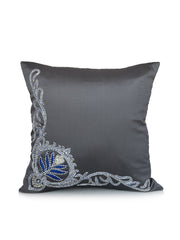 Charcoal grey satin cushion cover with silver and blue beaded paisley embroidery in one corner