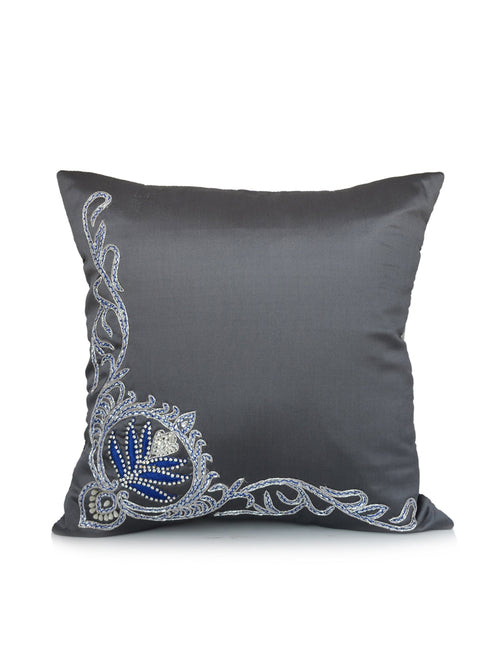 Charcoal grey satin cushion cover with silver and blue beaded paisley embroidery in one corner