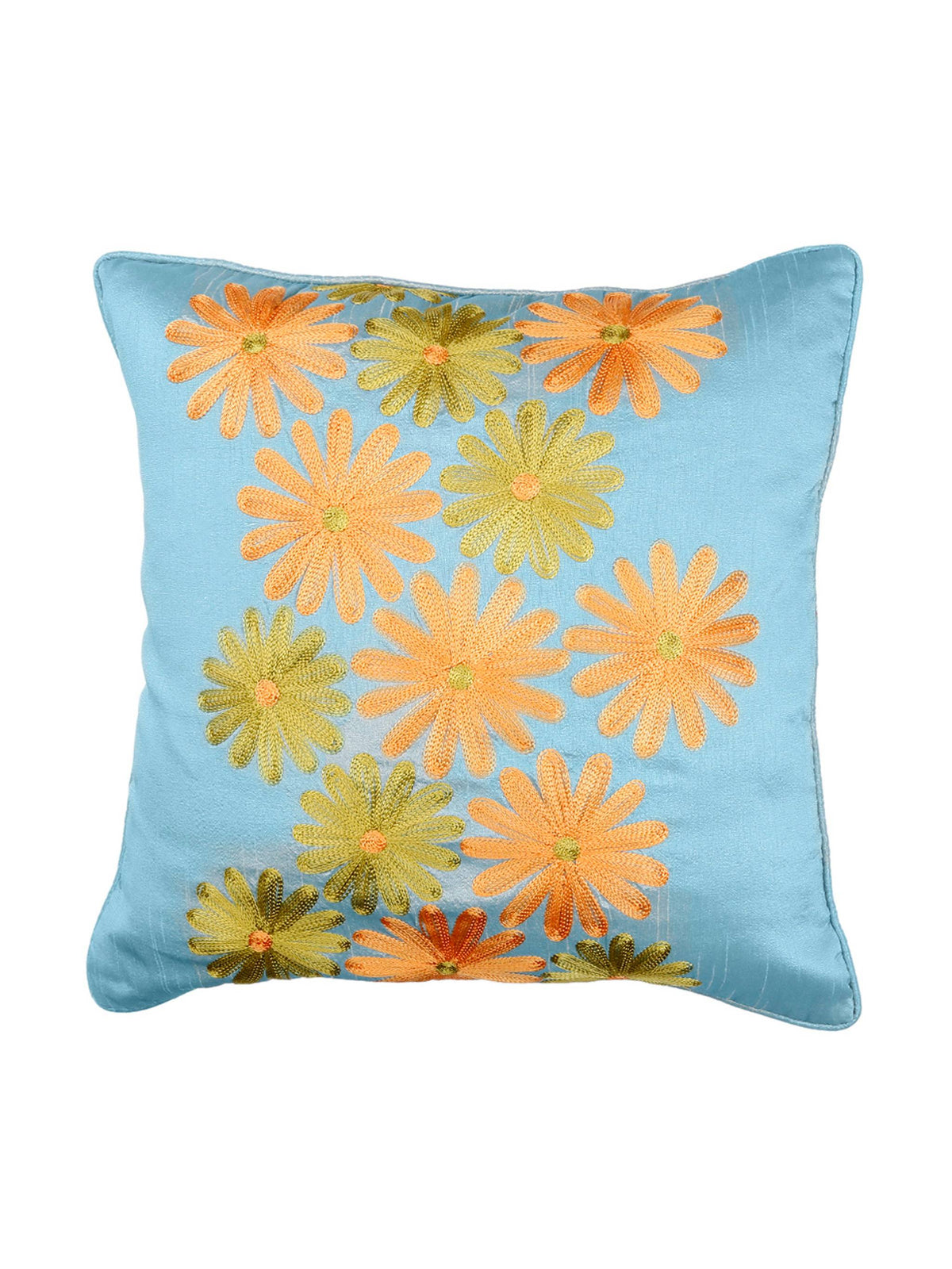 Pale blue cushion cover embroidered with orange and yellow daisy blooms and green leaves