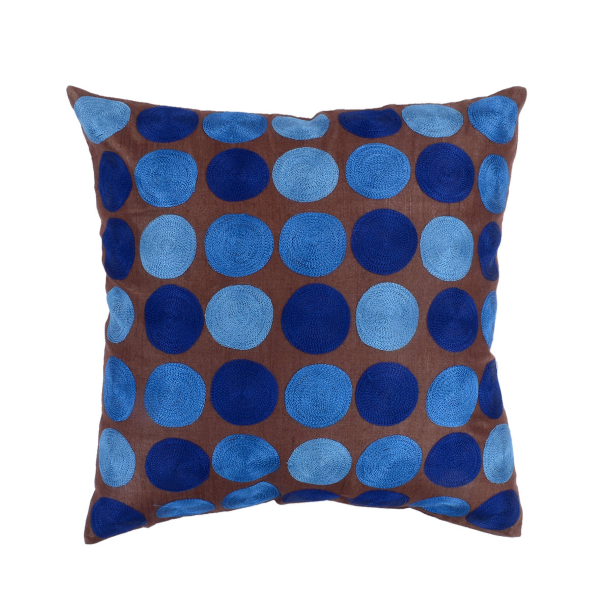 Brown dupion silk cushion cover with blue and pale blue polka dot circles