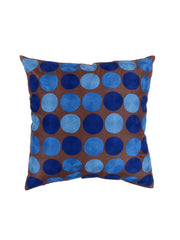 Brown dupion silk cushion cover with blue and pale blue polka dot circles