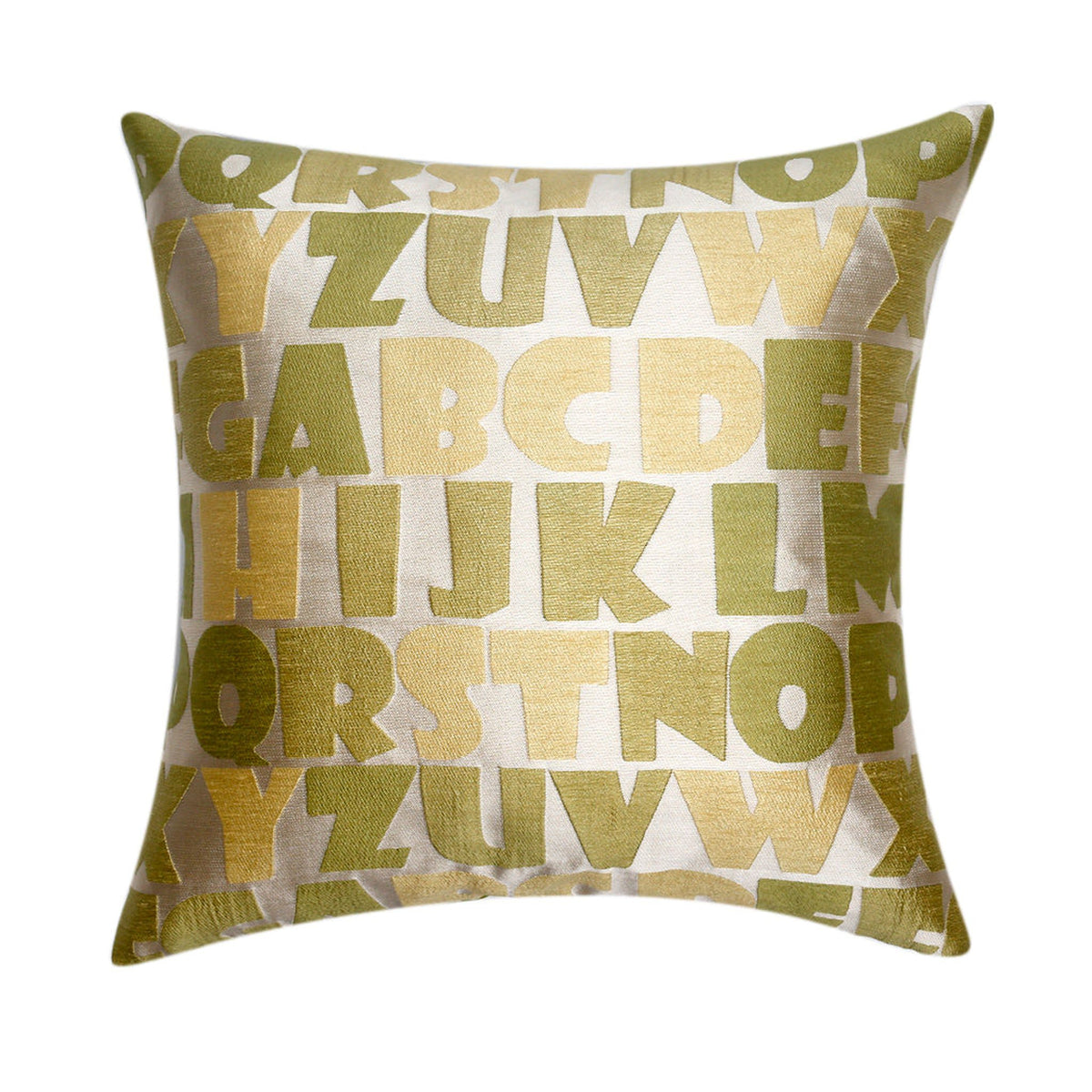Olive green art silk cushion cover with a gold foil alphabet letter print