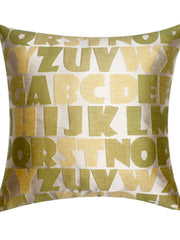 Olive green art silk cushion cover with a gold foil alphabet letter print