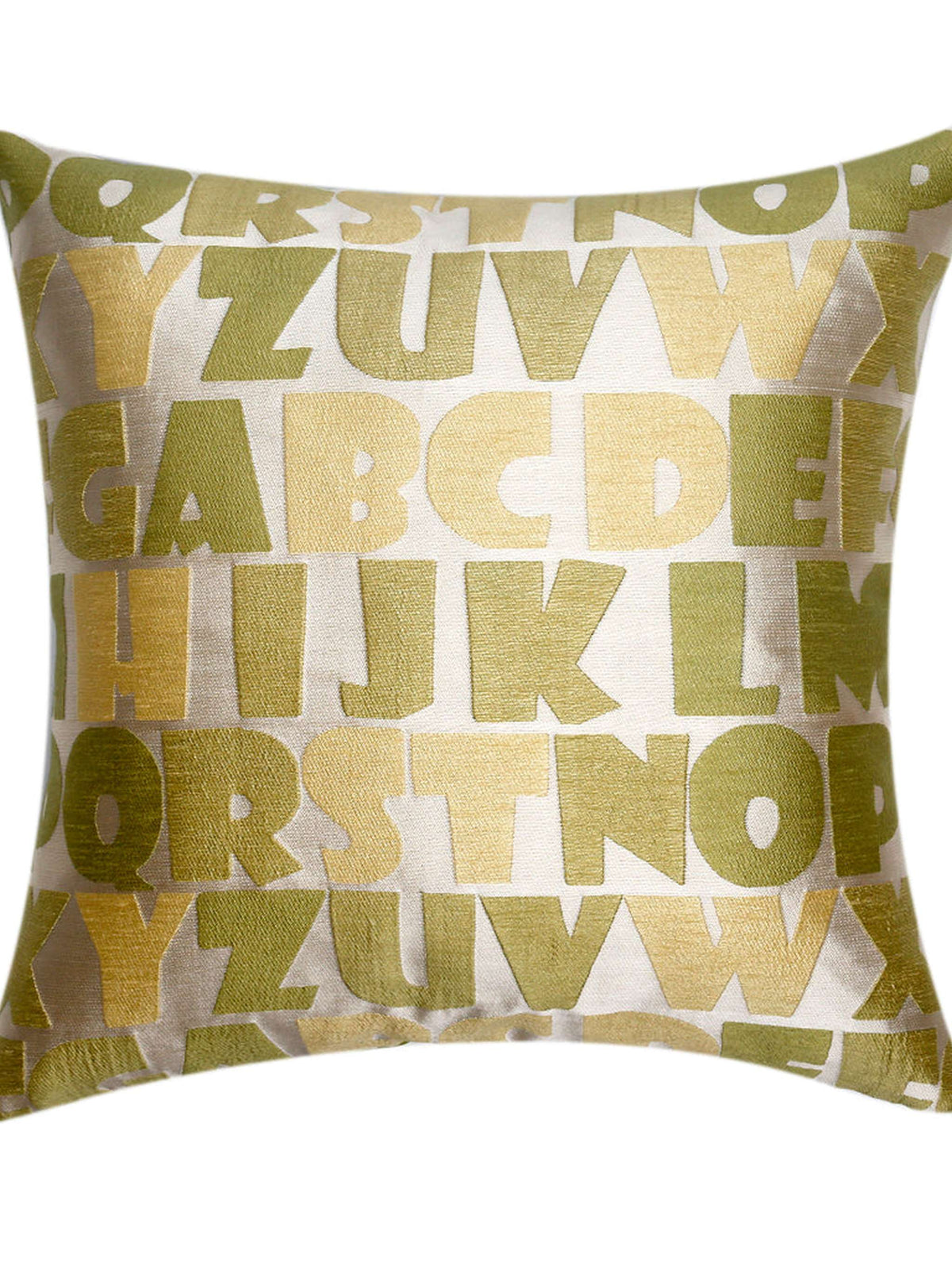 Olive green art silk cushion cover with a gold foil alphabet letter print