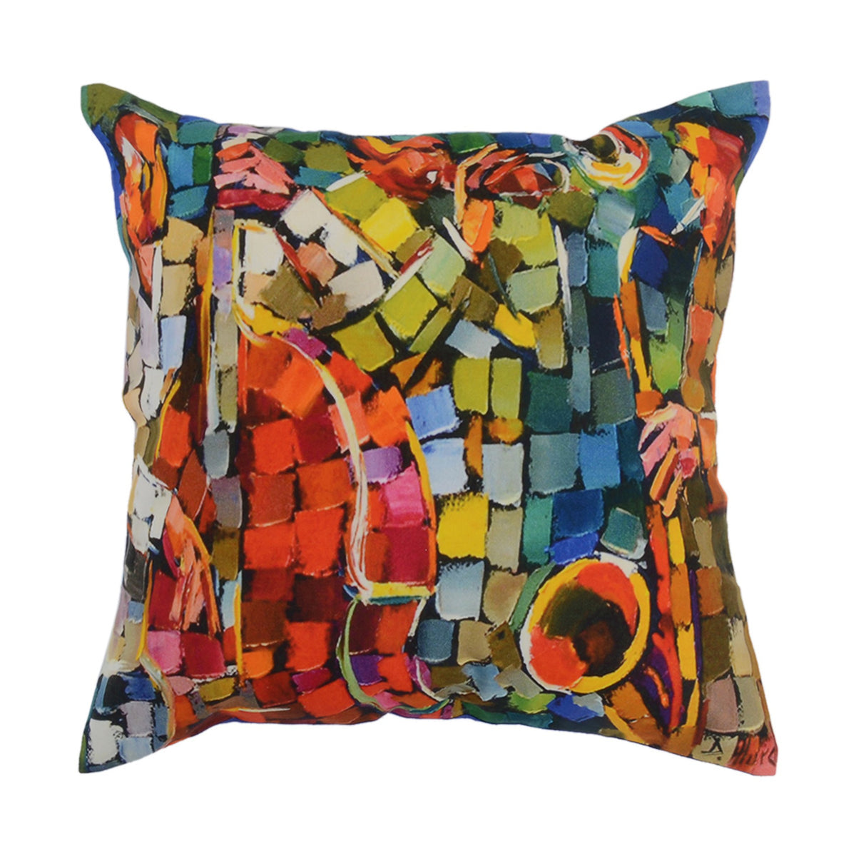 Multicolour mosaic print cushion cover showing painted jazz musicians with brass instruments
