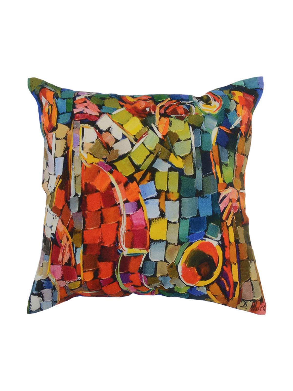 Multicolour mosaic print cushion cover showing painted jazz musicians with brass instruments