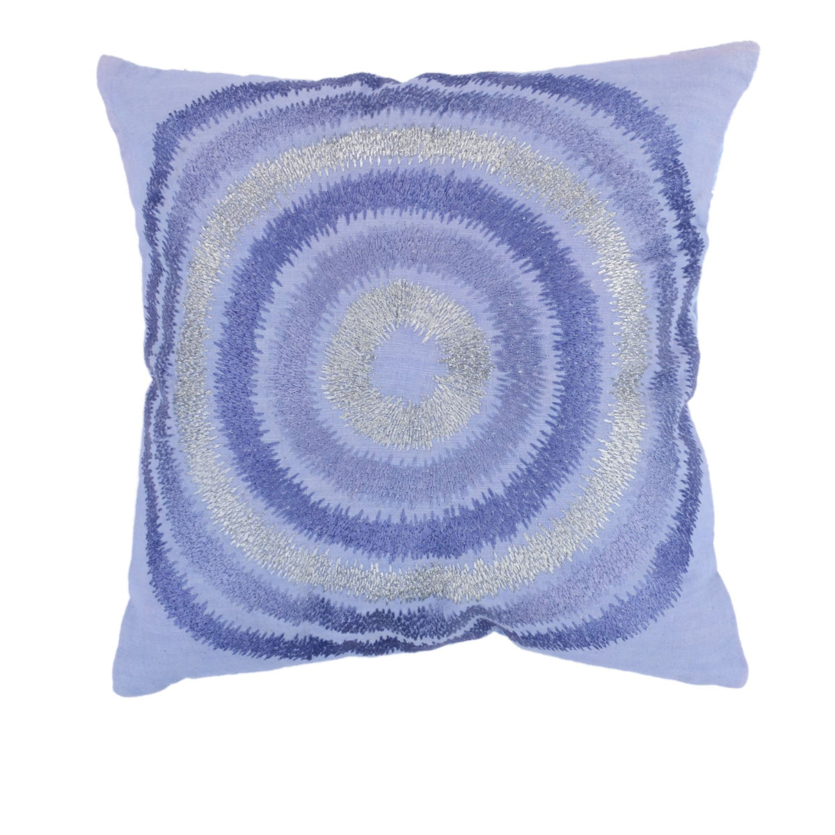 Periwinkle blue cushion cover with concentric tie-dye rings radiating from the centre