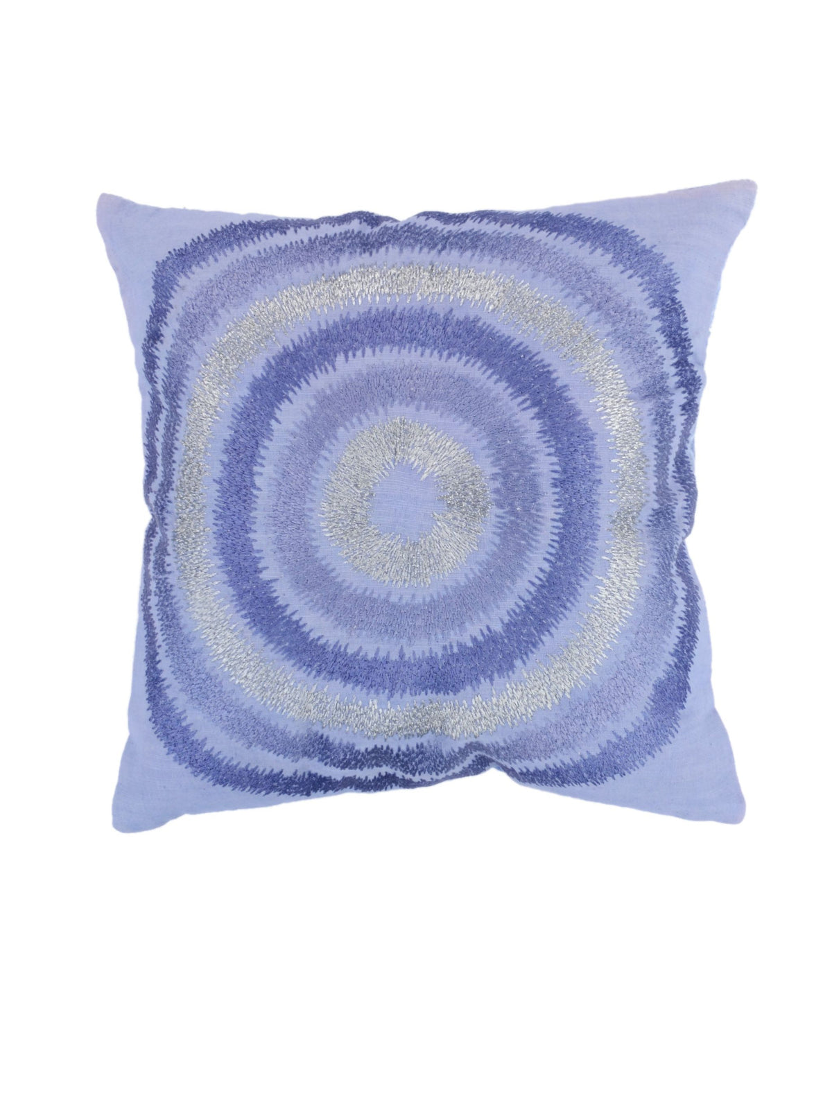 Periwinkle blue cushion cover with concentric tie-dye rings radiating from the centre