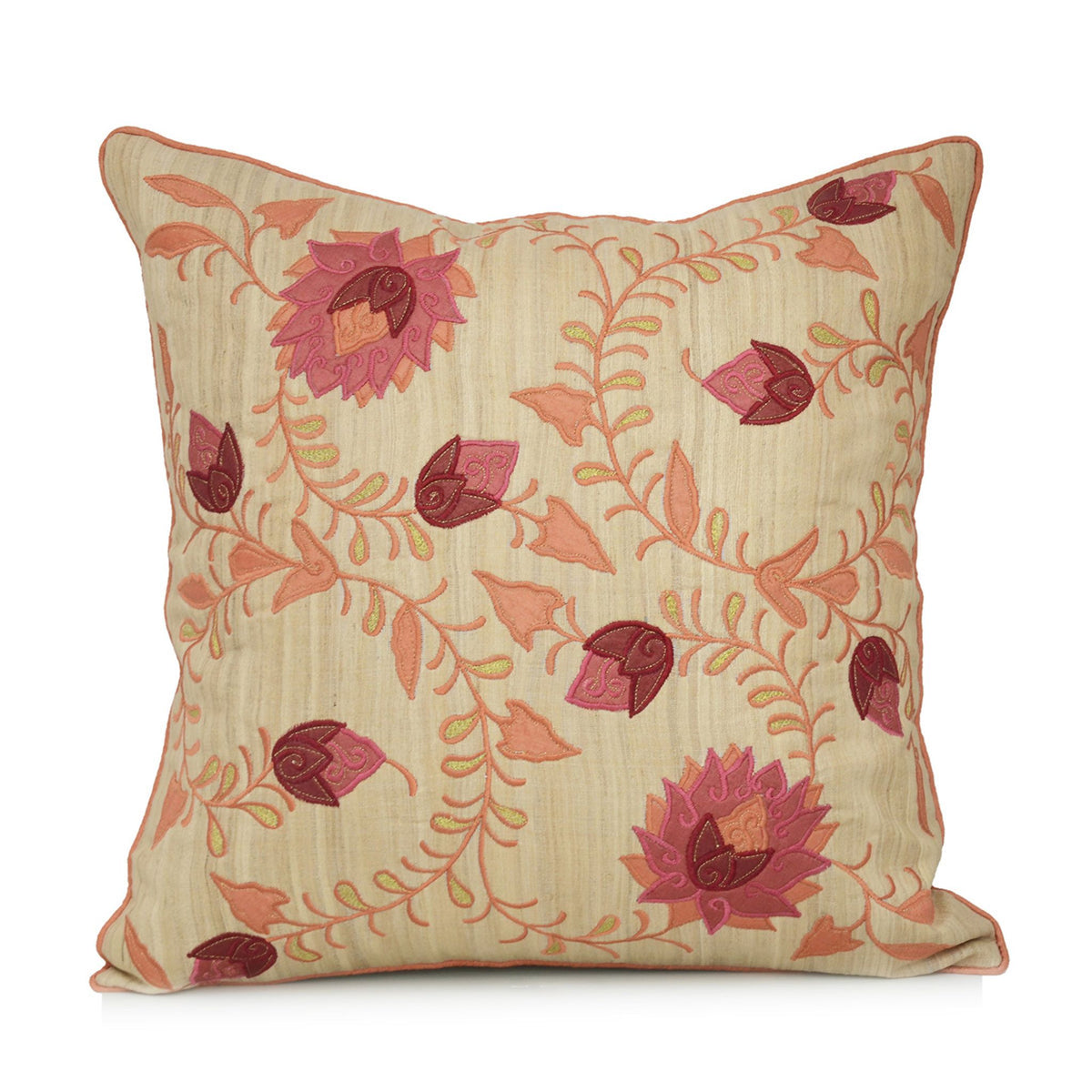 Cream dupion silk cushion cover embroidered with dusty pink sunflowers on trailing vines