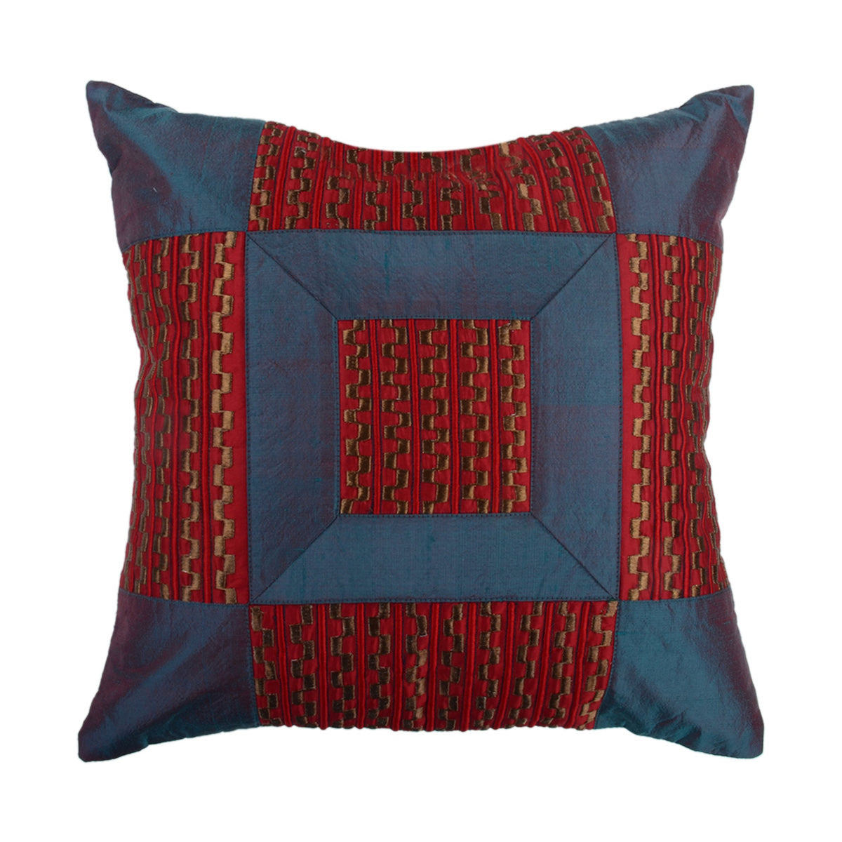 Dark blue art silk cushion cover with a maroon quilted patchwork square at the centre