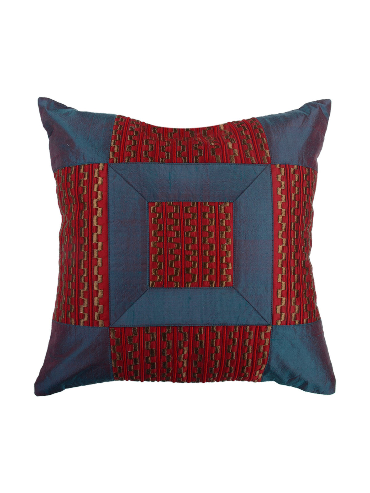 Dark blue art silk cushion cover with a maroon quilted patchwork square at the centre