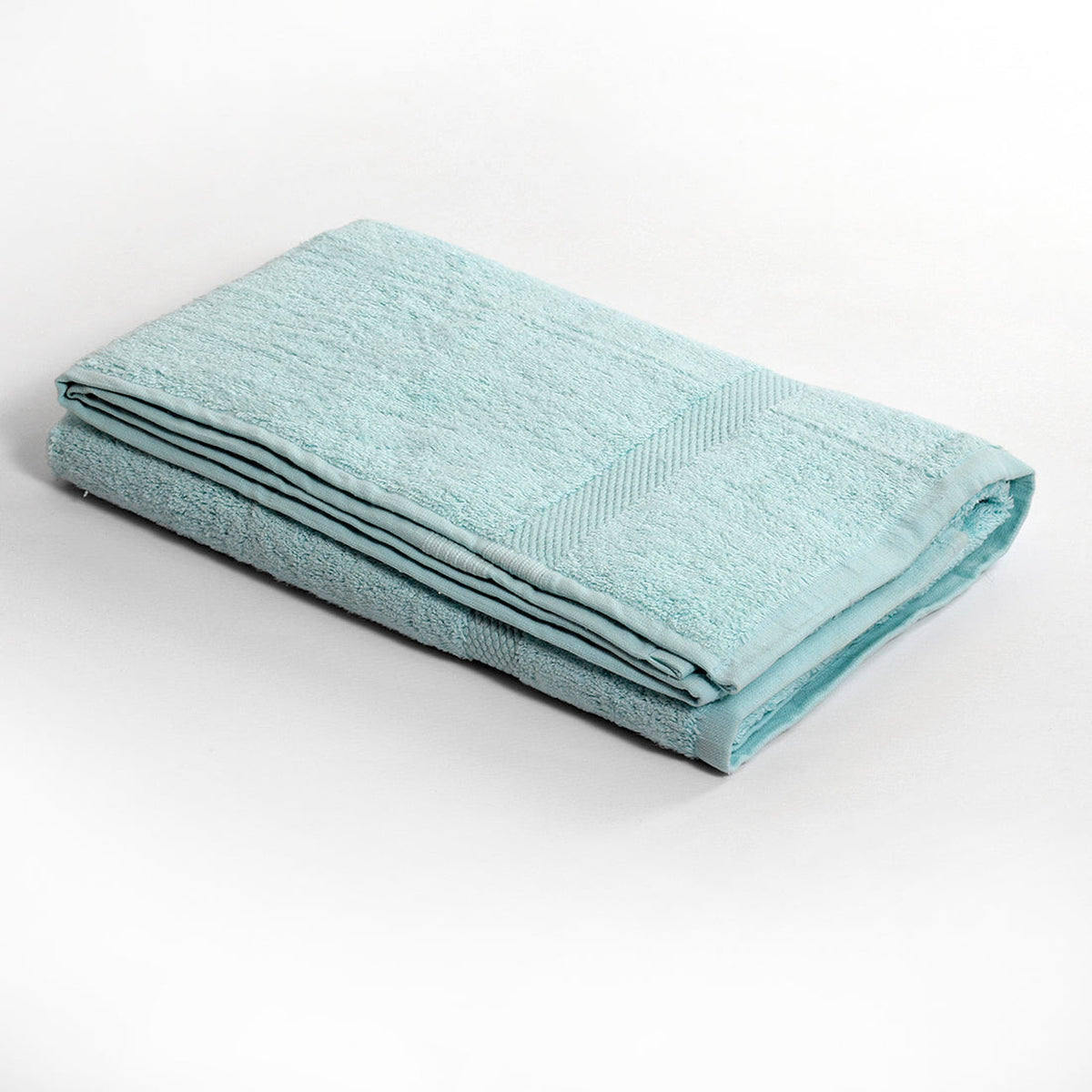 Pale sky-blue cotton bath towel folded flat with a herringbone woven border