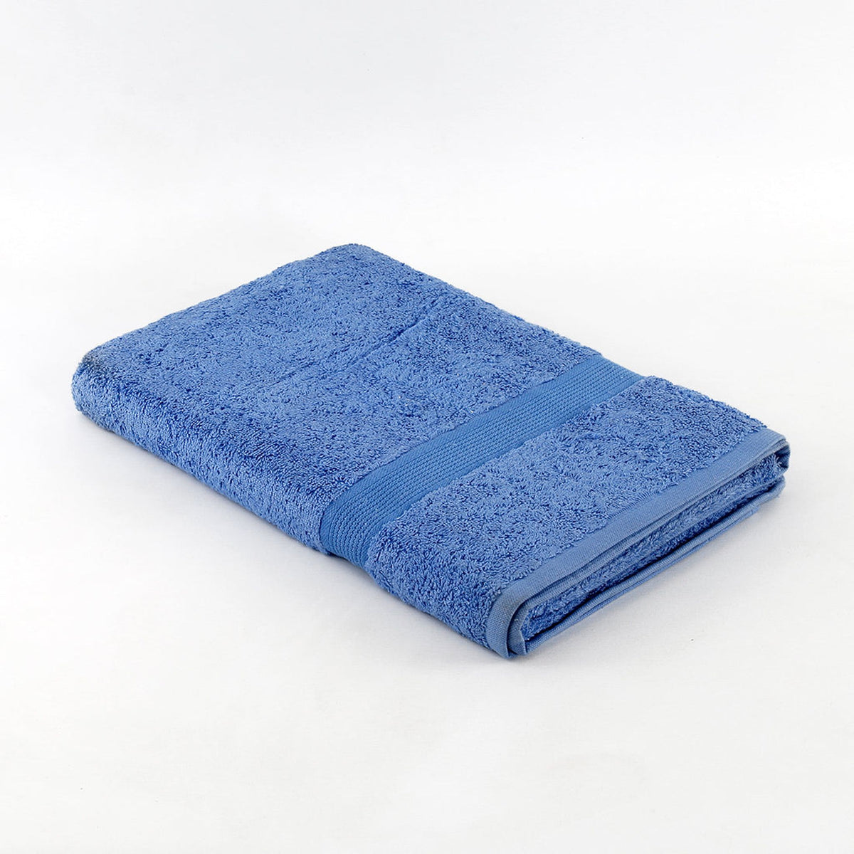 Cornflower-blue cotton bath towel folded diagonally with a ribbed woven border