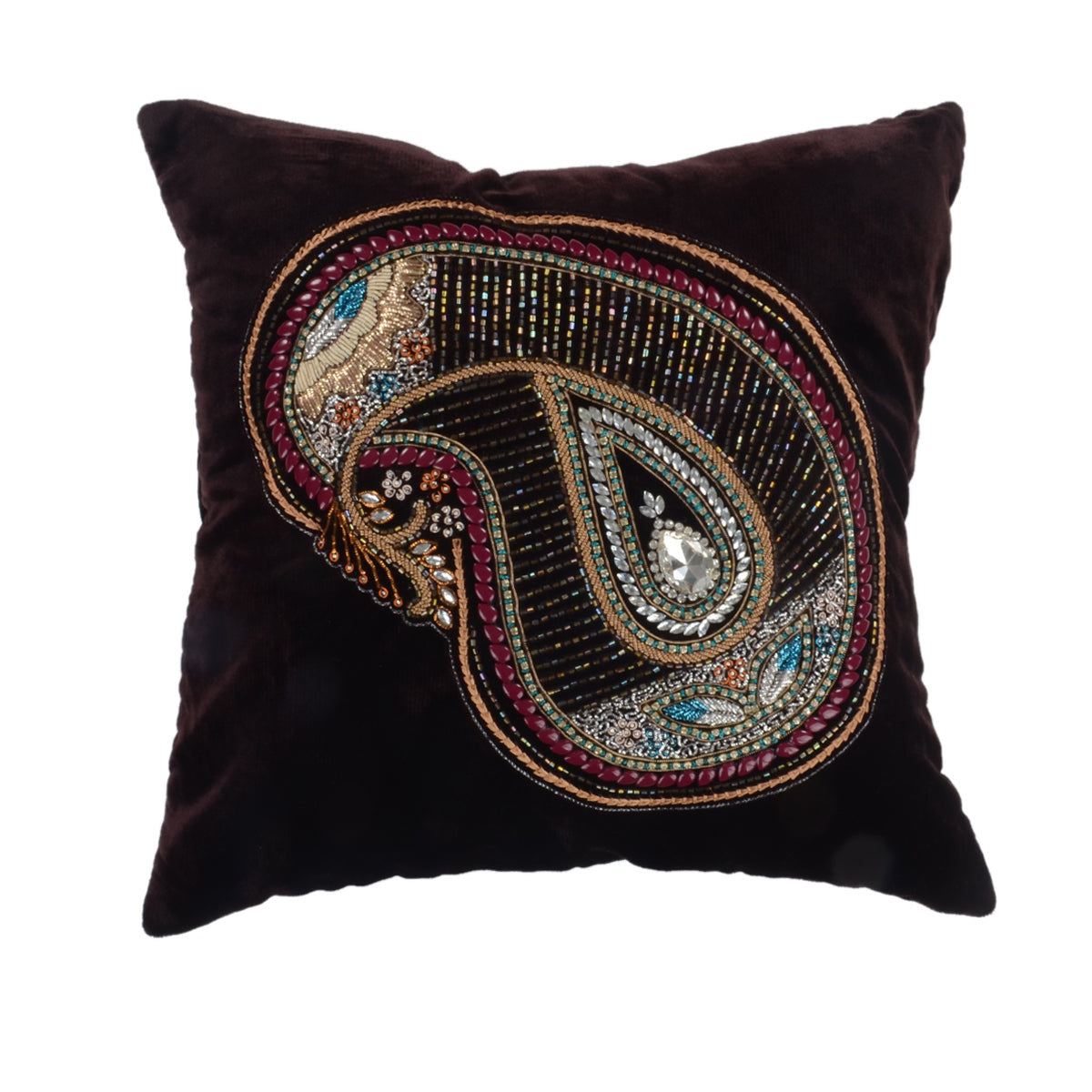 Dark brown chenille velvet cushion cover with a large beaded paisley mango motif