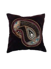 Dark brown chenille velvet cushion cover with a large beaded paisley mango motif